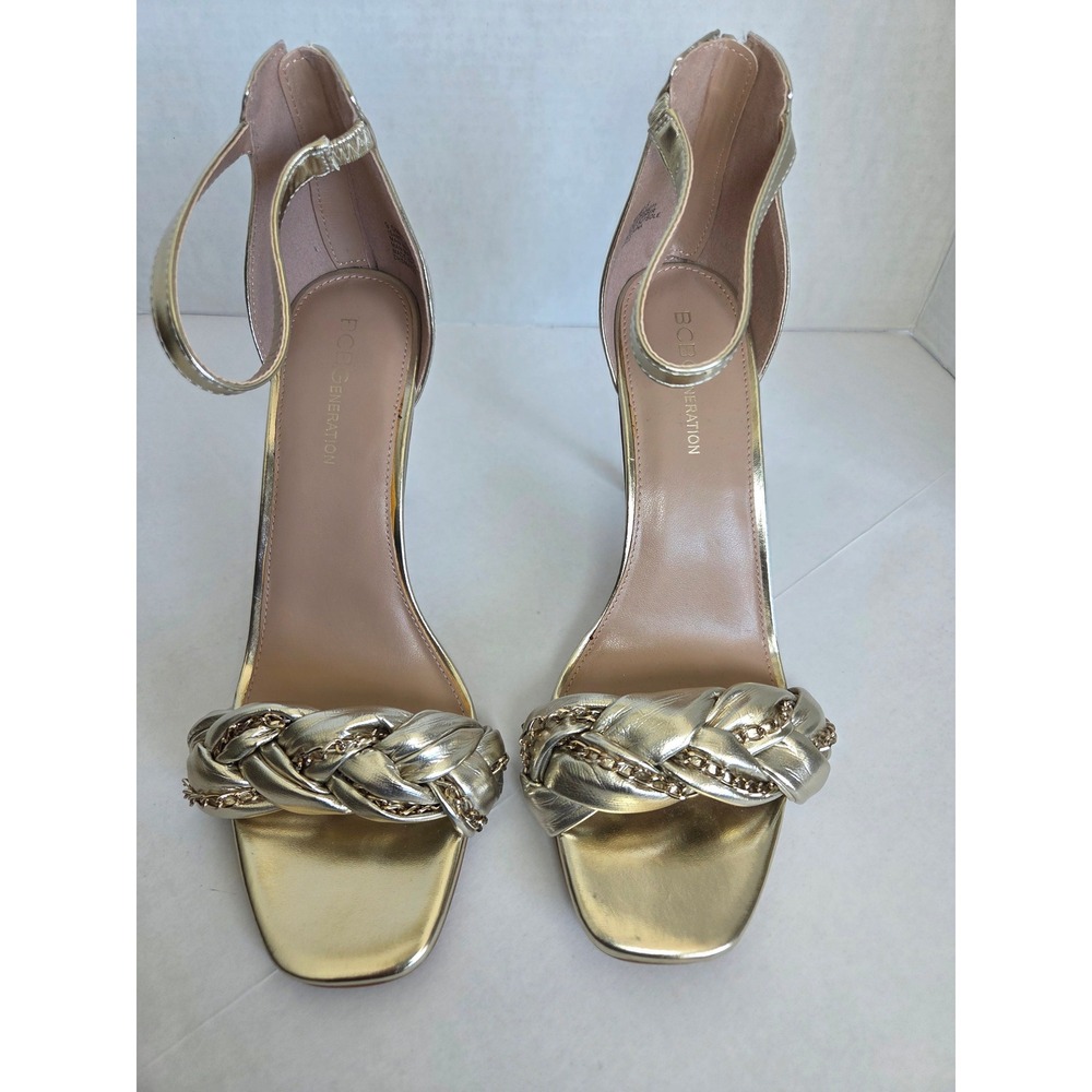 BCBGeneration Isabel Sandals Womens 9.5 Gold Metallic Braided Chain Stiletto